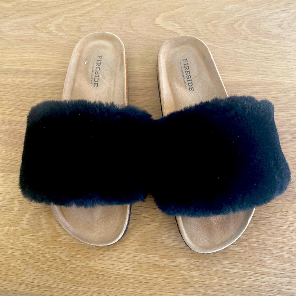 Fireside By Dearforms Fuzzy Slides Black - image 1